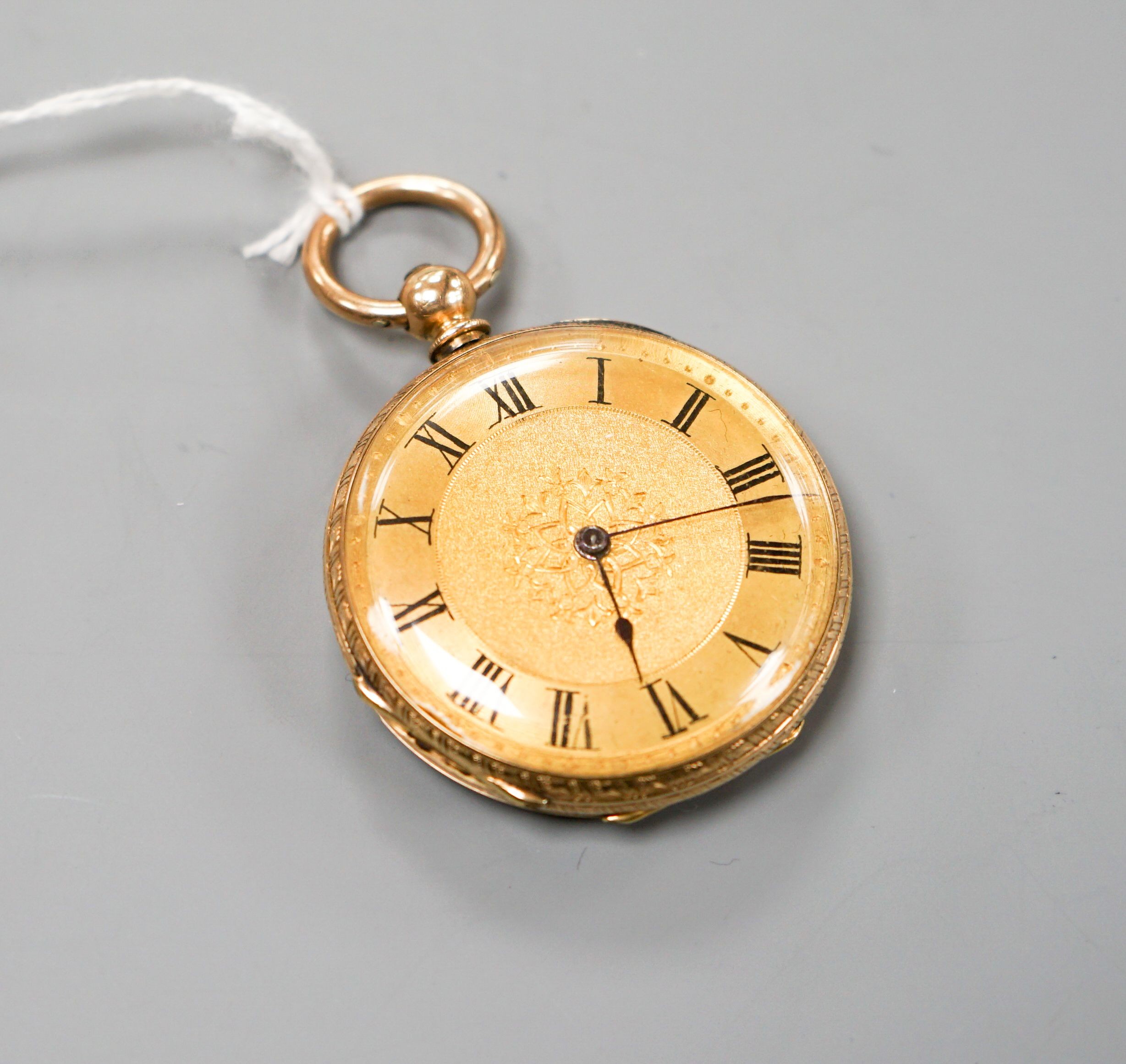 An engraved 14k open face keywind fob watch, case diameter 40mm, gross weight 51.4 grams.